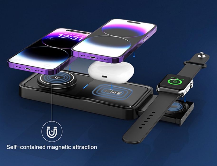 Suport Placa Incarcare Wireless 3 in 1 Telefone Iphone Ceas Casti