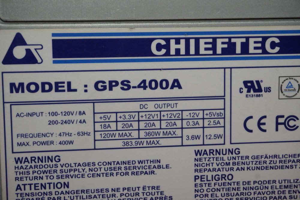 Захранване PSU 400W Chieftec - PCIe 6pin + CPU 8pin/ Вкл.ДДС