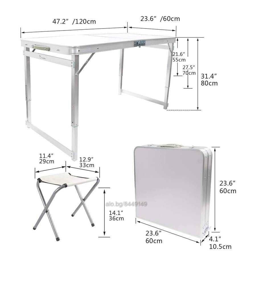 Алуминиева сгъваема маса + 4 стола 120x60х70