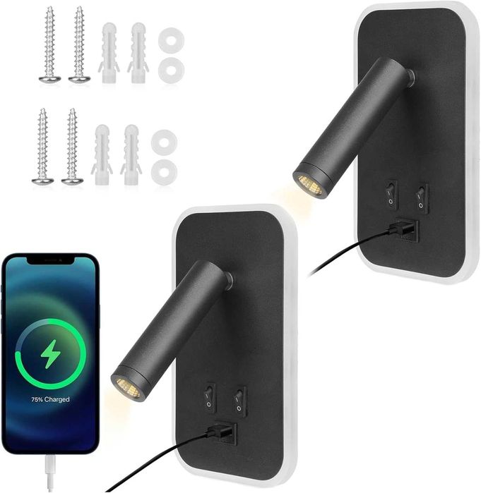 Lampă de citit lângă pat. Lampă de perete LED cu port de încărcare USB