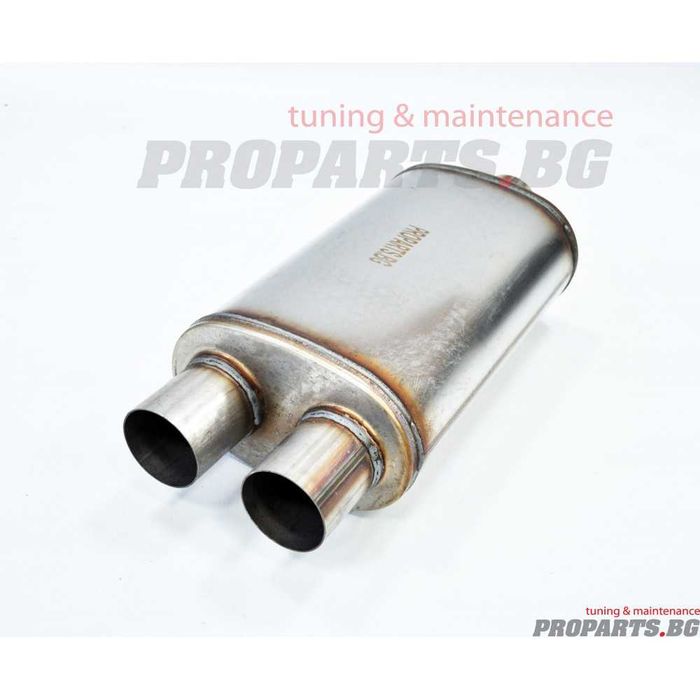 Плоско спортно гърне ауспух с един вход и два изхода на 63 или 76 mm