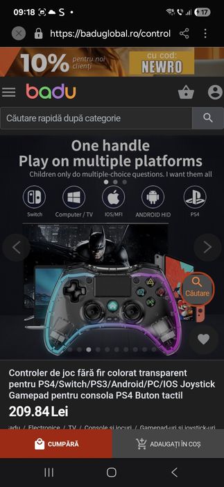 Controller gaming wireless, transparent cu lumini RGB