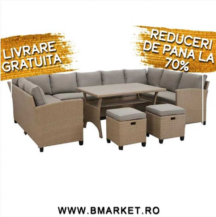 Set mobilier gradina/terasa canapea/coltar 2 taburete si masa Natur