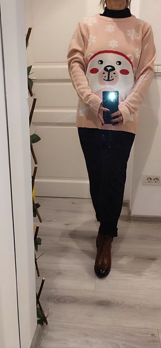 Pulover tricotat jacard, Just Chique, roz trandafiriu, mărime L-XL