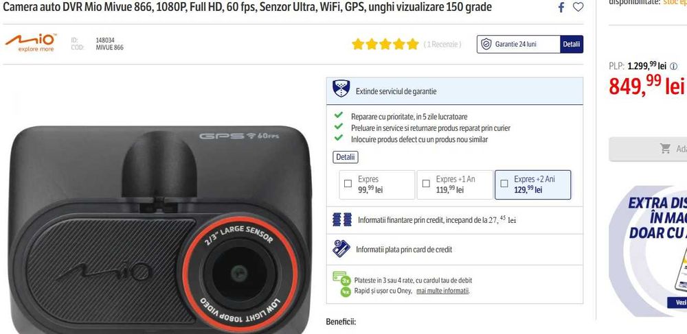 Cameră auto MIO MIVUE 866, GPS, Night Vision, WI-FI, garanție Altex