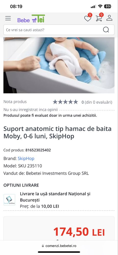 Suport anatomic tip hamac de baita Moby, 0-6 luni, SkipHop