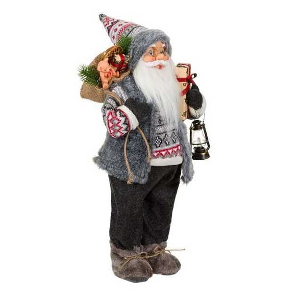 Коледна реалистична фигура Дядо Коледа, Сиво палто и подаръци, 46см