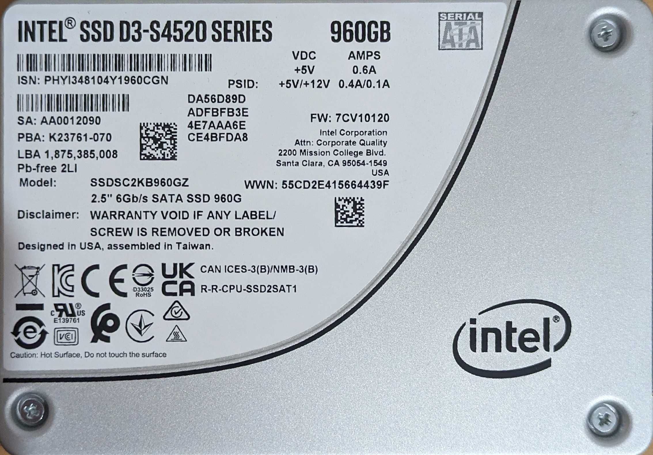 Продам серверный SSD Intel D3-S4520 на 960ГБ