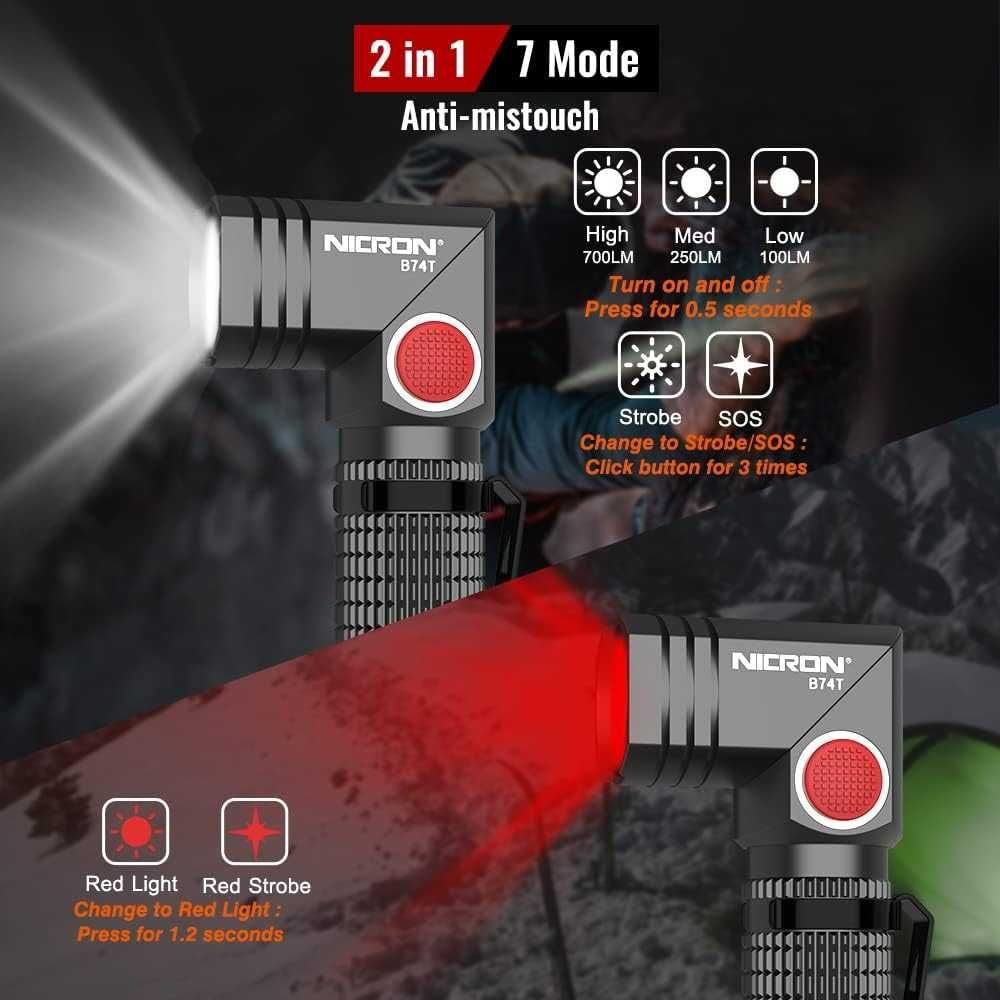NICRON B74T-LED фенер,700 лумена,14500 Li-ion батерия,червена/бяла све