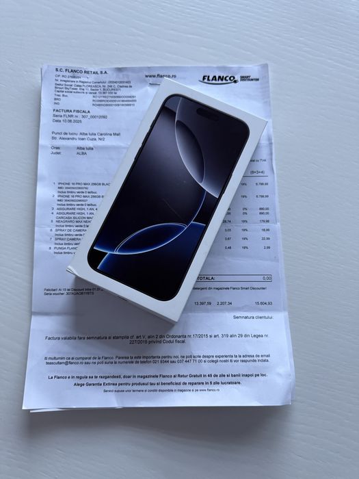 Iphone 16 Pro Max 256GB, Factură și Garanție+ Asigurare 24 Luni!