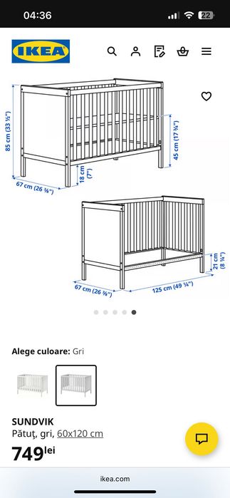 pătuț Ikea Sundvik gri+ saltea Jysk