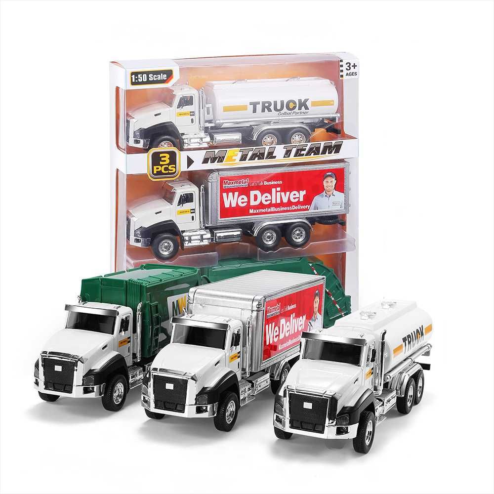 Set 3 camioane, gunoi, camion combustibil, camion delivery, pullback