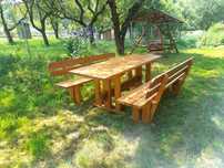 Set mobilier de gradina lemn masiv, nuanța stejar, masa și banci