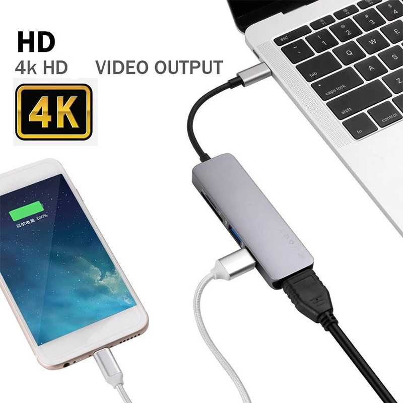 5in1 Convertor video USB-C Type-C la HDMI, cititor carduri, hub USB