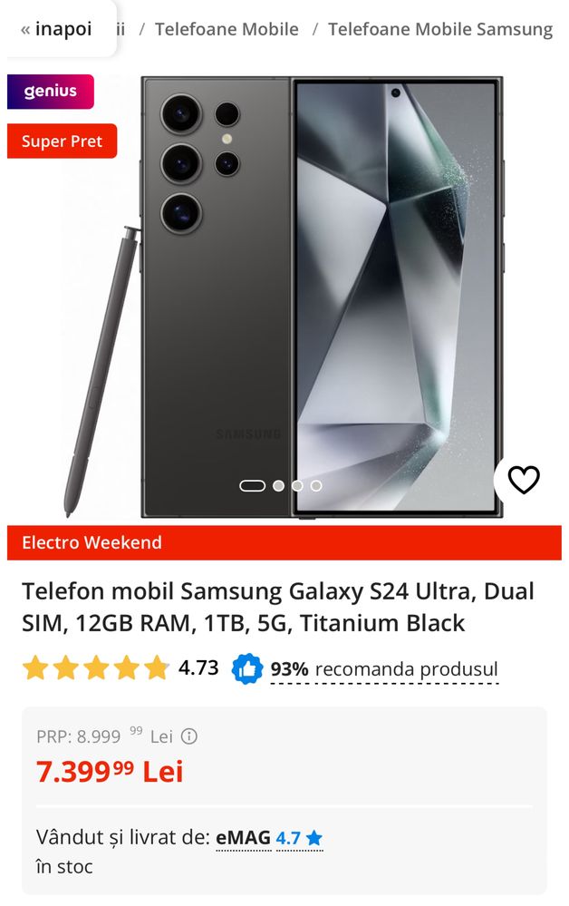 Samsung Galaxy S24 Ultra, 12GB RAM, 1TB, 5G, Nou Sigilat