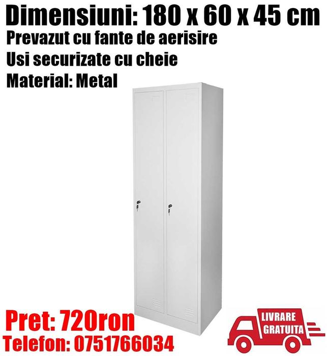 Dulap Fiset Dublu Vestiar  Metalic Usi Securizate 180x60x45cm+LivrGrat