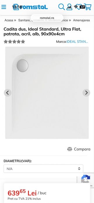 Cadita dus, Ideal Standard, Ultra Flat, patrata, acril, alb, 90x90x4cm