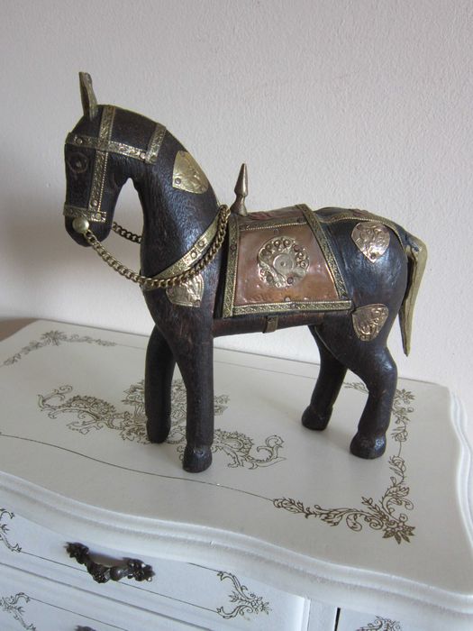 cadou rar Craciun Cal Căluț antic vintage lemn alama bronz cupru