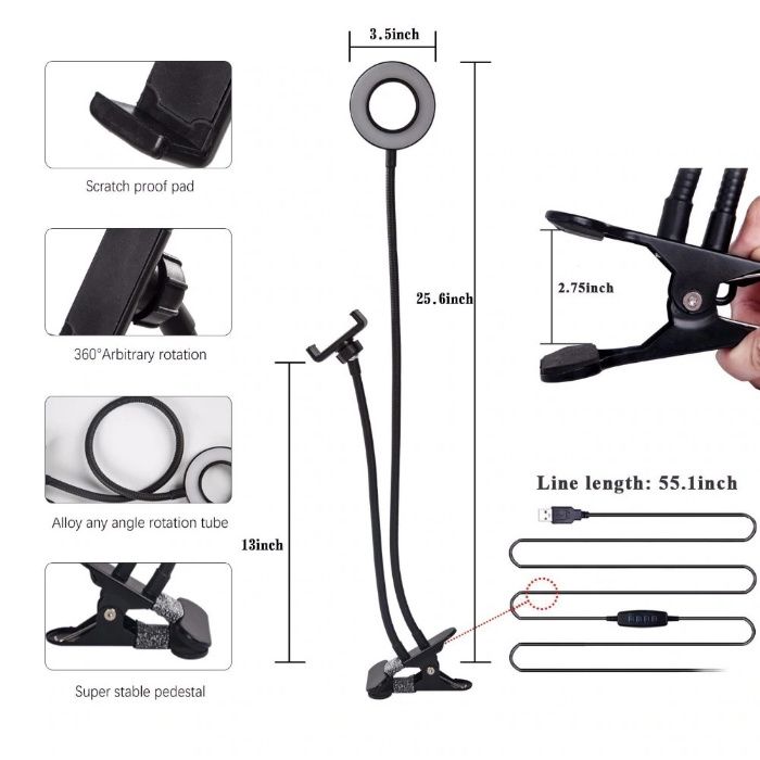 Clema cu suport flexibil telefon + lampa LED ring vlogging youtube