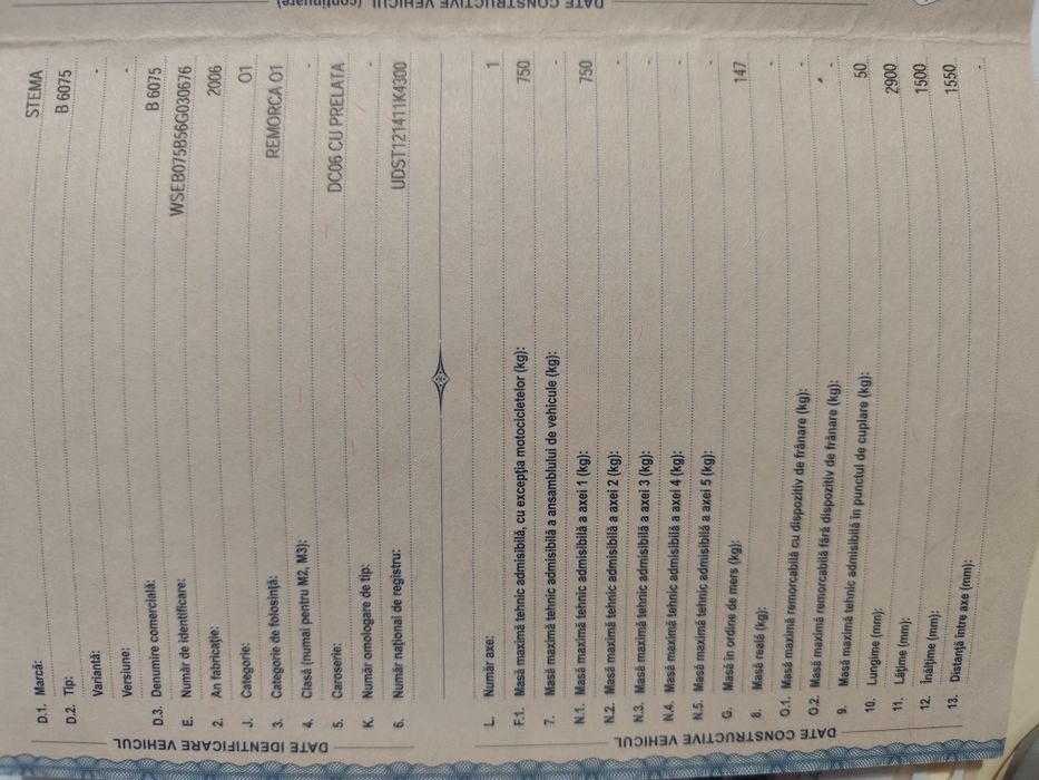 Remorcă auto 750 kg.