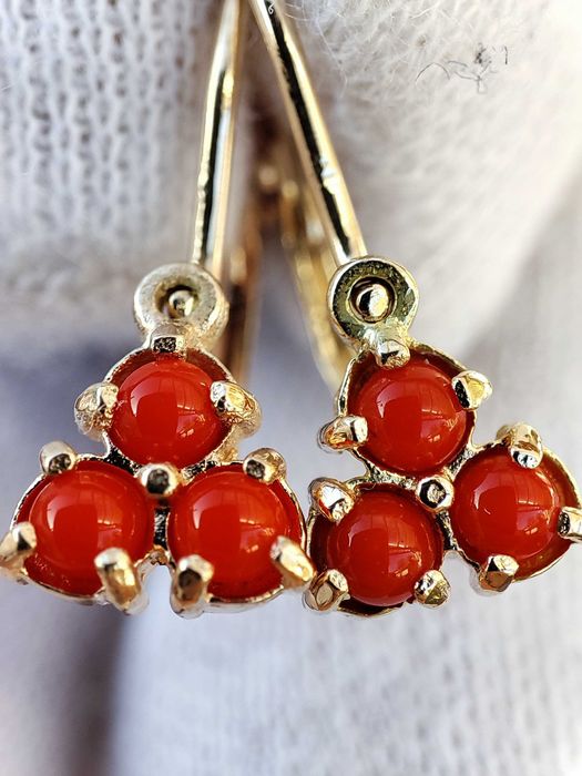 Cercei Aur 14K Copii Fetite Coral Rosu Montura 3 Petale 2 Modele
