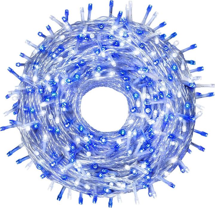 Вътрешни и външни коледни лампички 10м LED син+бяла светлина, 8 ефекта