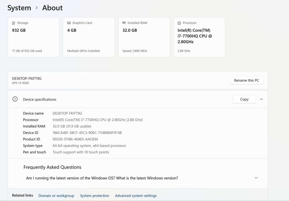 Лаптоп Dell XPS 15 9560 - 15.6" 4K Touch -i7-7700HQ /RAM 32GB/1050 4GB