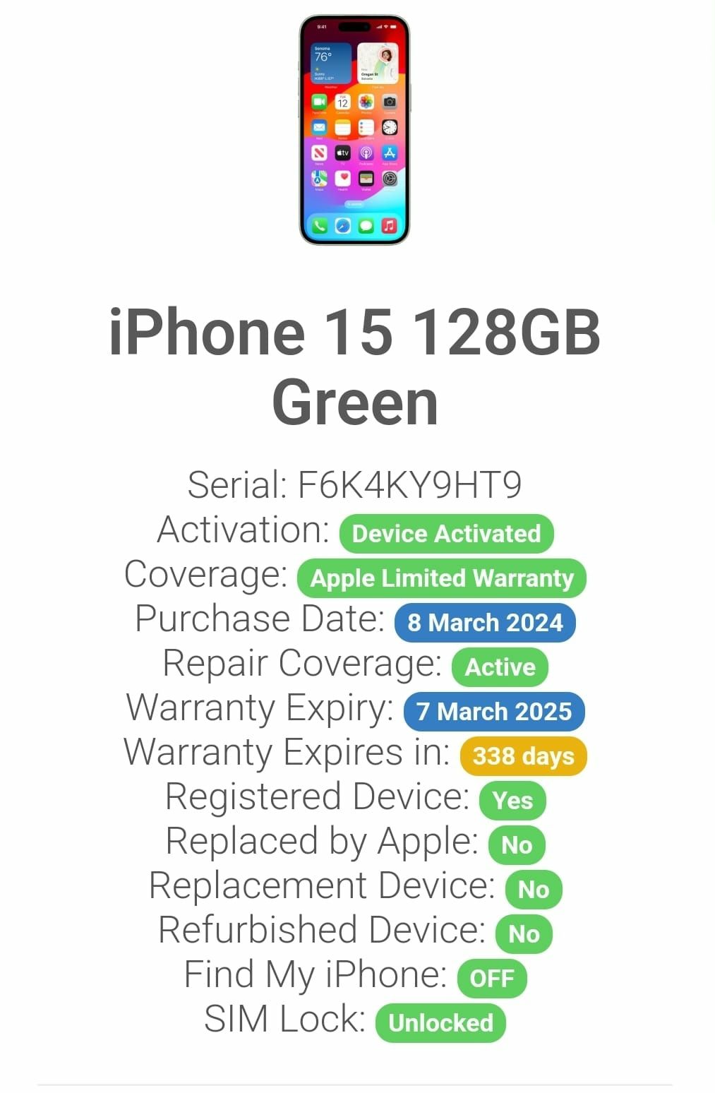 iPhone 15 Green 100% life garanție 7 martie 2025