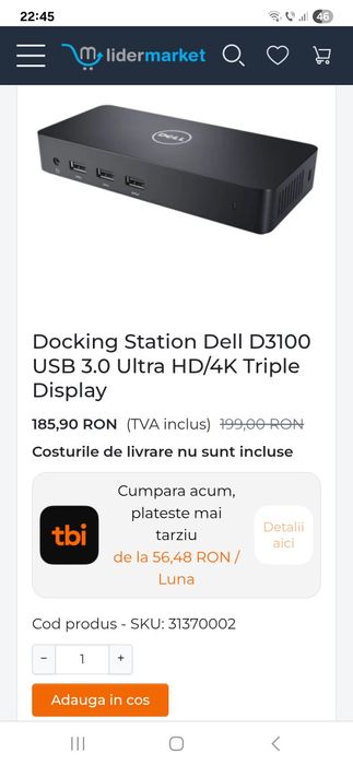 Docking Station Dell D3100 USB 3.0 Ultra HD/4K Triple Display