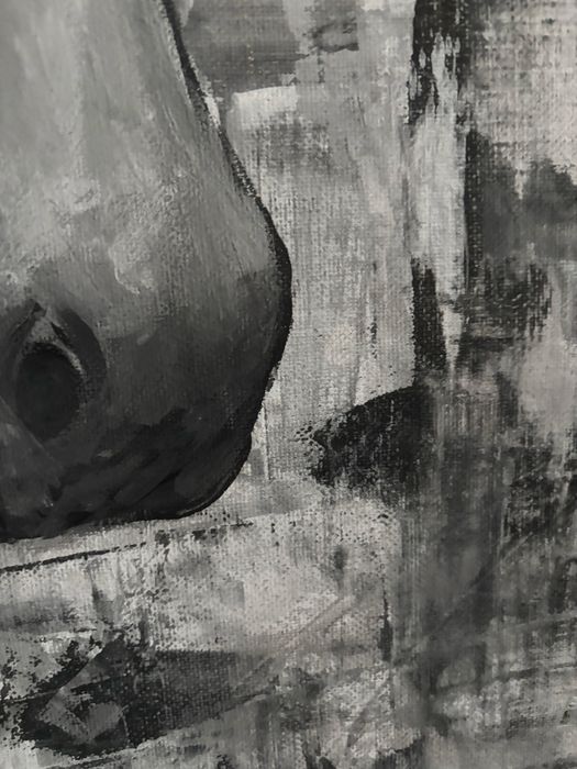 Tablou pictat de mana cal alb-negru gri