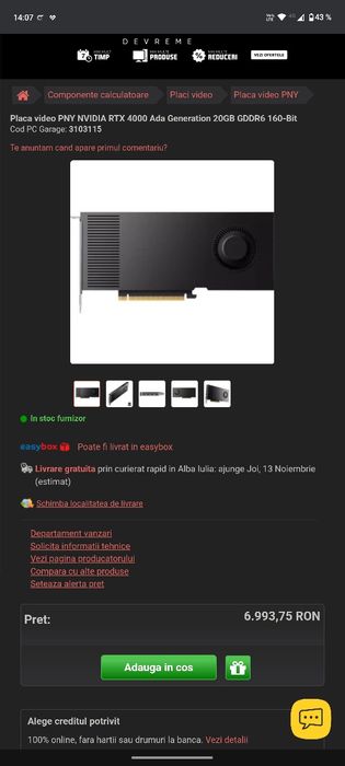 Vând placa Video RTX 4000 ADA Generation 20gb noua