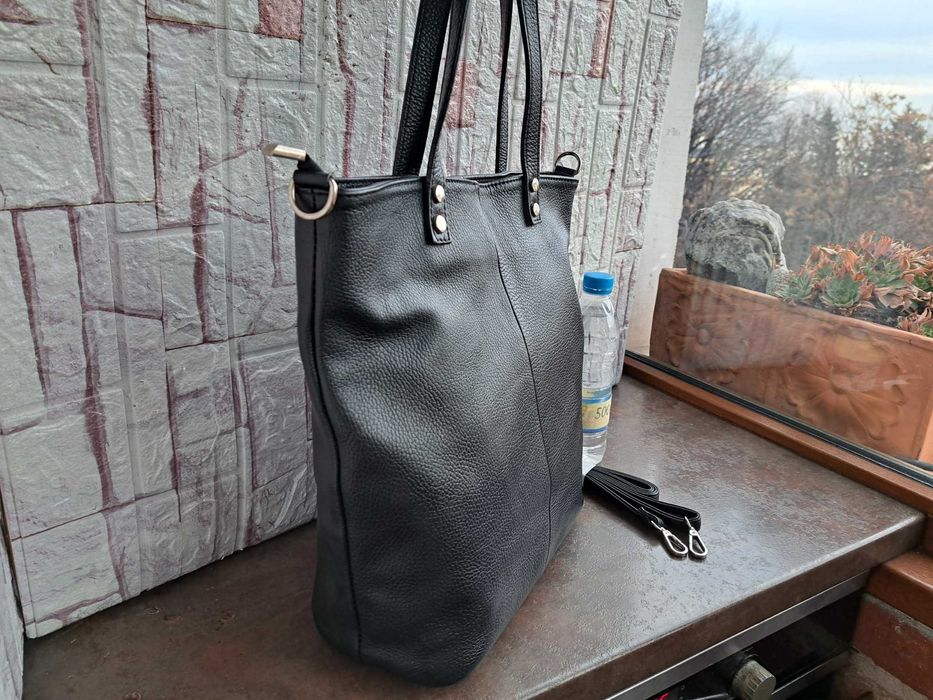 дамска чанта,черна кожена торба-естествена кожа