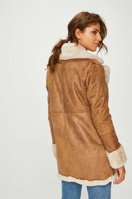 Cojoc palton din piele si blana naturala L Noa Noa premium maro camel