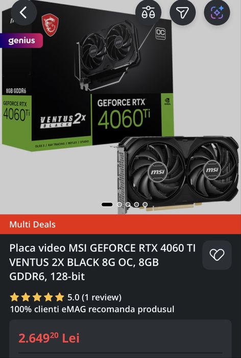 MSI GeForce RTX 4060 Ti Ventus 2X Black 8G OC, 8GB GDDR6, 128-bit