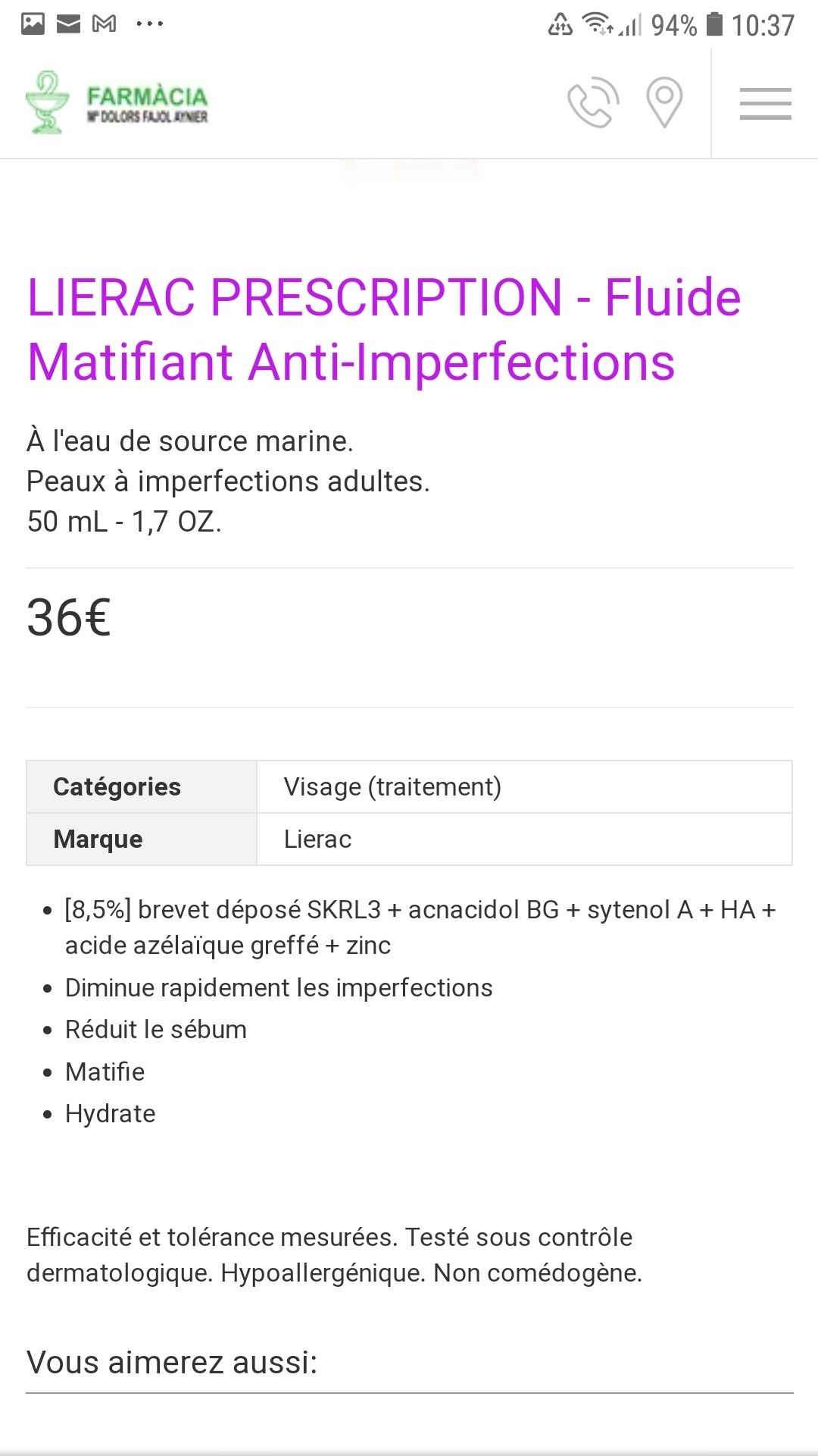 Fluide matifiant anti-imperfections Lierac Paris