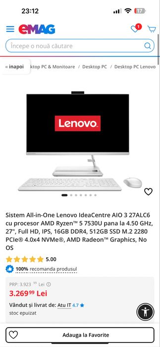 Sistem All-in-One Lenovo IdeaCentre AIO 3 Ryzen 5 16GB 512GB