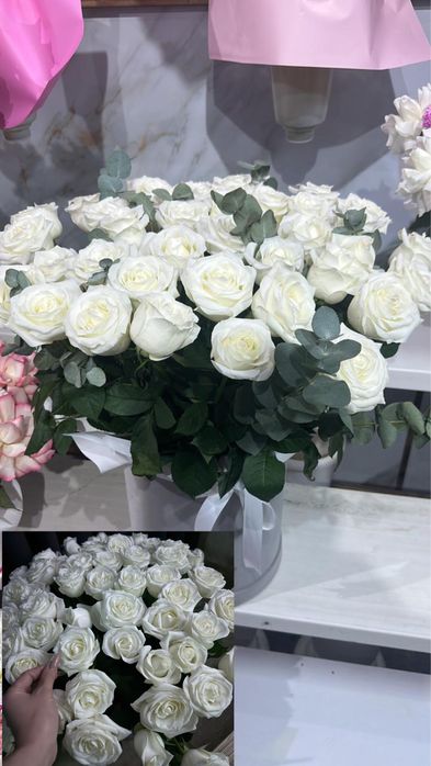 Үлкен,Ерекше әдемі ақ раушан букеті сатылымда сұраған бағаға берем 35к