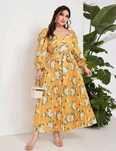 Rochie lunga cu model floral și cordon in talie