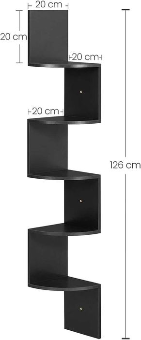 Ъглов рафт, стенен рафт, 5 нива за книги, библиотека, растения, черен