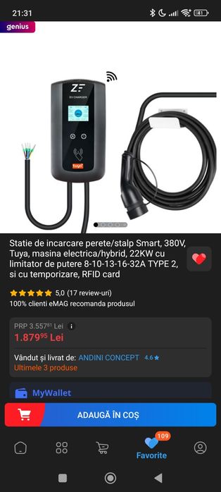 Vând stație de încărcare auto trifazat 22kw cu aplicatie si card RFID