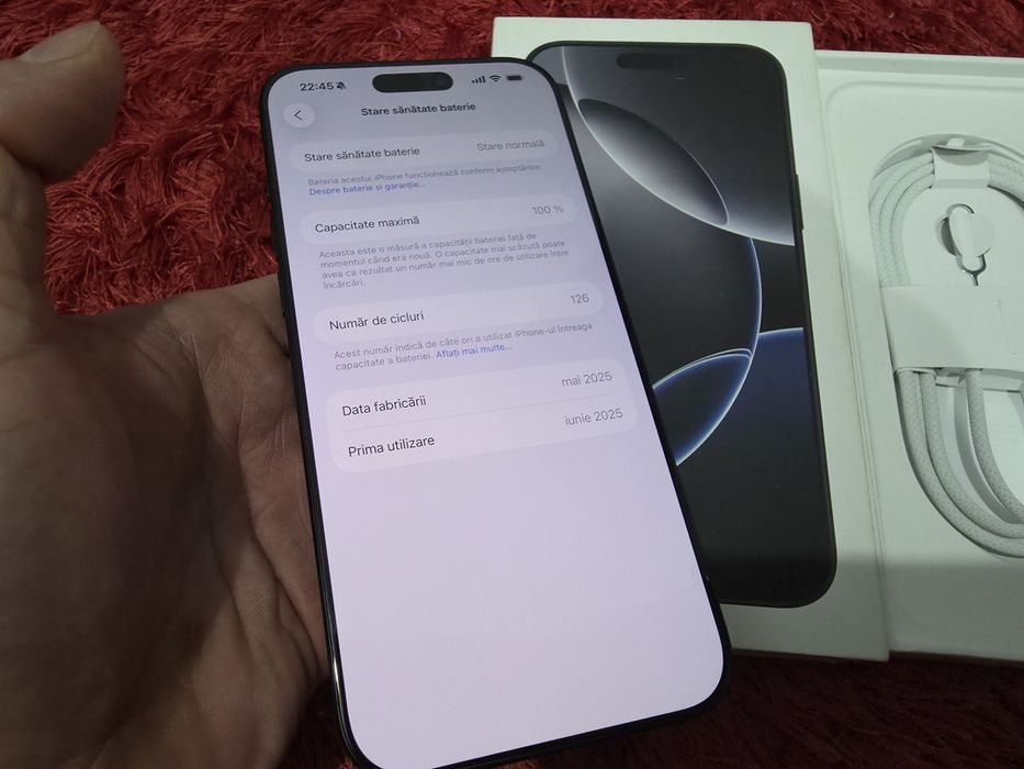 -Iphone 16Pro Max, ca Nou, 256Gb, 8Ram, Bat: 100%-126 cicluri incarcar
