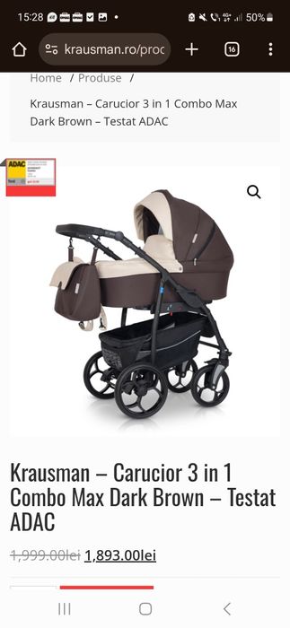 Carucior 3 în 1 Krausman Max Combo dark brown