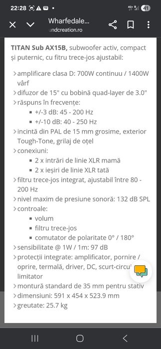 Subwoofer activ Wharfedale Pro T-Sub AX15B / nou