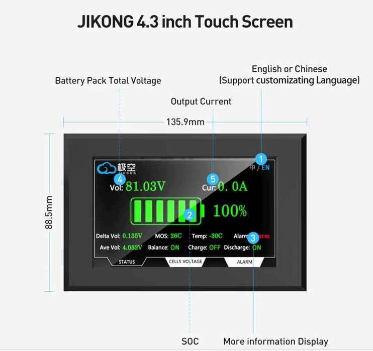 V15 / V19 Ecran LCD TouchScreen Display 4.3" JK BMS (all models)
