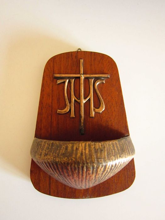 vintage bronz masiv+stejar Holy Water pt apa sfintita Germania