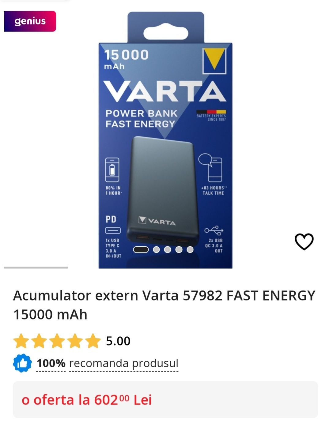 Acumulator extern varta 57982 fast energi 15000 mAh. 200lei