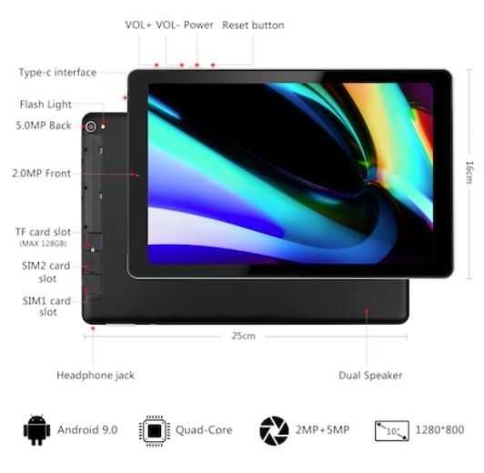 Таблет YOTOPT G12, четириядрен, 10 ", 4GB RAM, 64GB, 4G, Wifi, черен