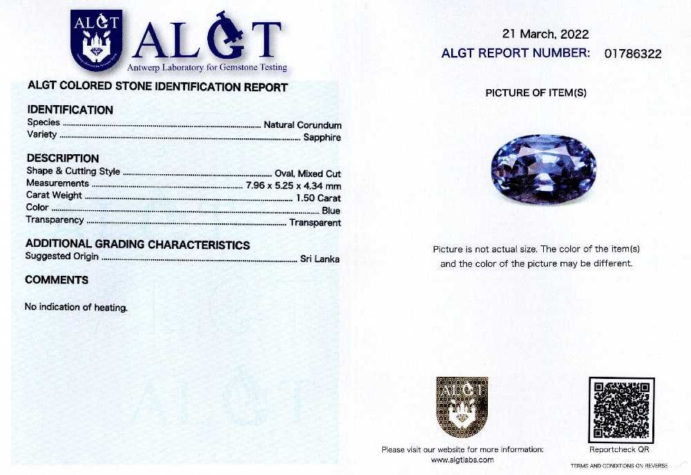 Safir Ceylon nemontat 1,50 ct., ALGT Antwerp-cod 9003