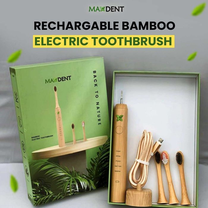 Акумулаторна електрическа четка за зъби Maxdent от бамбук, 3 глави