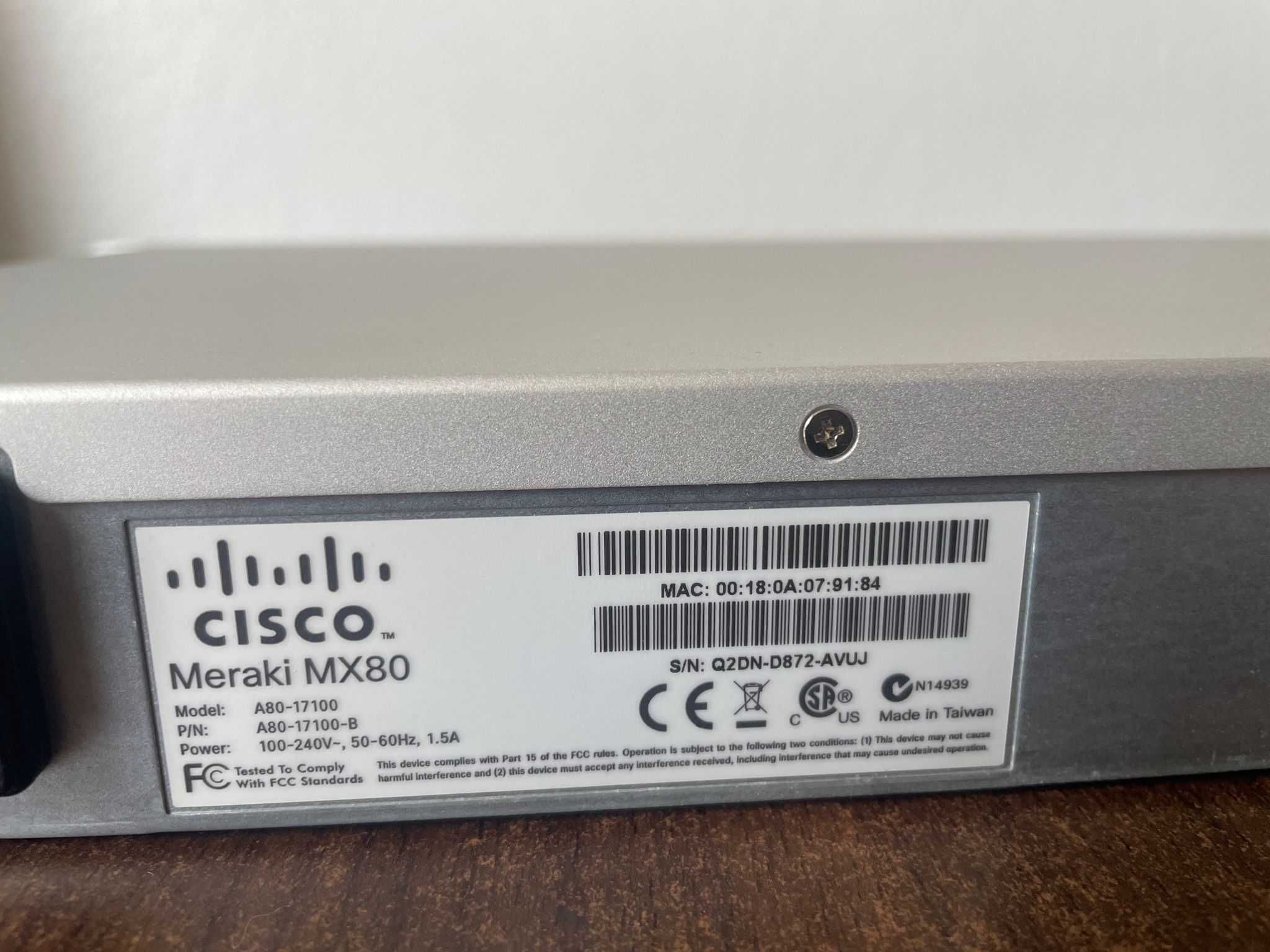 Cisco Meraki MX80 Managed Firewall Security Appliance A80-17100
